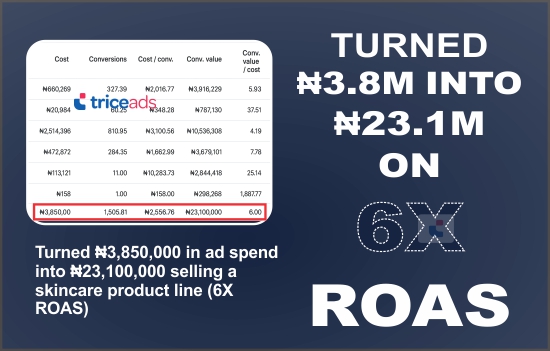 Turned ₦3,850,000 in ad spend into ₦23,100,000 selling a skincare product line (6X ROAS) on trice ads through Google Ads.